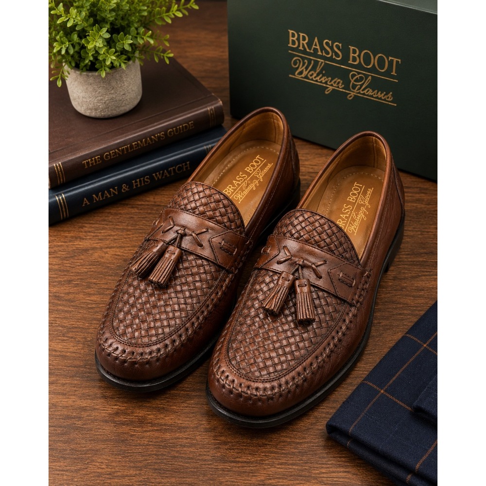 Brass Boot Wellington Classics Men's Brown Woven Leather Tassel Loafers 10.5
